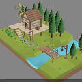 Picturesque Natural Landscape Featuring Log Cabin Wooden Bridge Stream Pine Trees Stone Steps And Grass