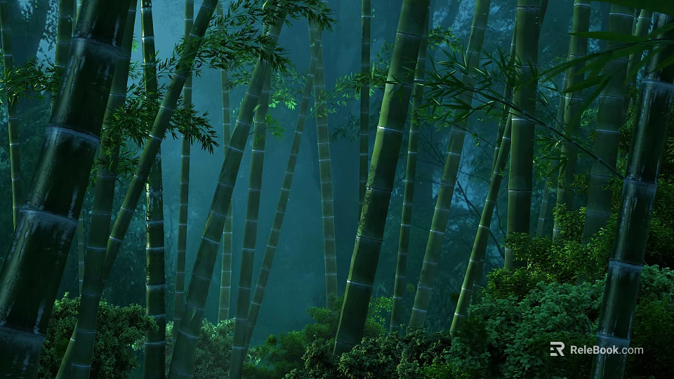 Dense Bamboo Forest with Tall Green Stems and Lush Foliage in Soft Natural Light 3d model 