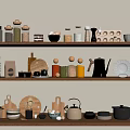 Organized Spice Jars On Kitchen Wooden Shelves With Glass Containers And Utensils
