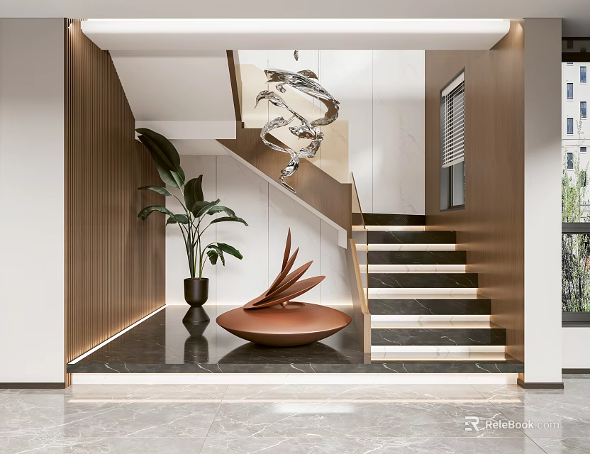 Modern Elegant Foyer Interior With Staircase Sculpture And Green Plant 3d model 