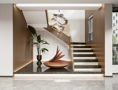 Modern Elegant Foyer Interior With Staircase Sculpture And Green Plant 3d model