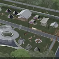 Scenic Camping Site With Multiple Tents Circular Structure Water Area And Green Grassland