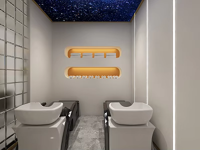 Modern Beauty Hair Salon Interior With Starry Sky Ceiling White Shampoo Stations And Shelves 3d model