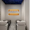 Modern Beauty Hair Salon Interior With Starry Sky Ceiling White Shampoo Stations And Shelves
