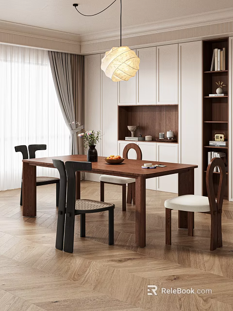 Modern Restaurant Interior With Wooden Dining Table Chairs Flower Vase Fruits White Cabinets Pendant Light 3d model 