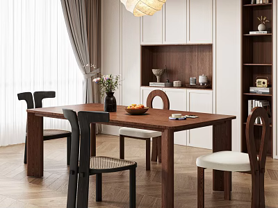 Modern Restaurant Interior With Wooden Dining Table Chairs Flower Vase Fruits White Cabinets Pendant Light 3d model