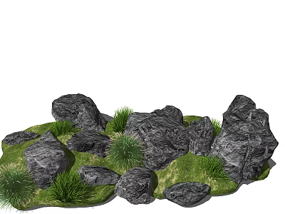 Natural Stone And Wood Elements In Outdoor Garden With Green Plants 3d model