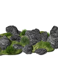 Natural Stone And Wood Elements In Outdoor Garden With Green Plants