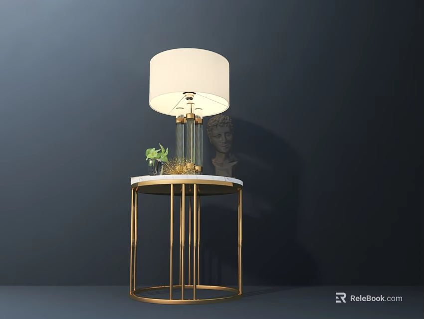 Stylish Table Lamp With White Lampshade On Gold Metal Marble Table With Green Plant 3d model 