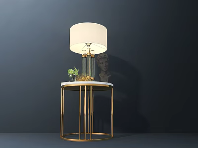 Stylish Table Lamp With White Lampshade On Gold Metal Marble Table With Green Plant 3d model