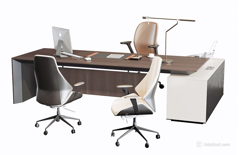 Modern Office Desk Setup With Computer Monitor Desk Lamp And Ergonomic Office Chairs 3d model 
