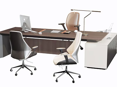 Modern Office Desk Setup With Computer Monitor Desk Lamp And Ergonomic Office Chairs 3d model