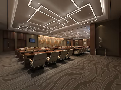 Modern Conference Room With Rows Of Seats Modern Ceiling Design And Textured Carpet 3d model