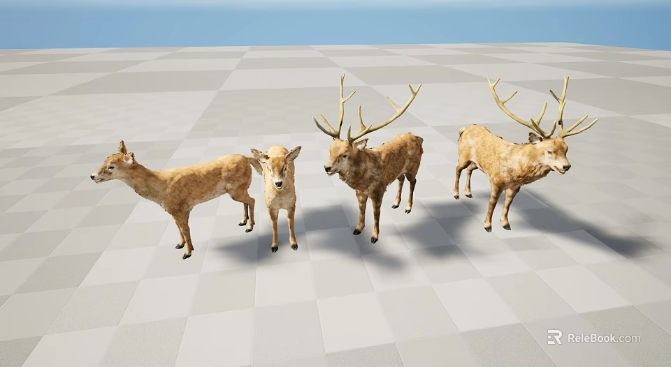 Four Deer Statues with Antlers Standing on Checkered Floor and Blue Sky Background 3d model 