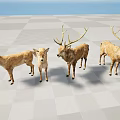 Four Deer Statues with Antlers Standing on Checkered Floor and Blue Sky Background