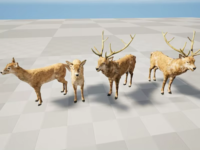 Four Deer Statues with Antlers Standing on Checkered Floor and Blue Sky Background 3d model