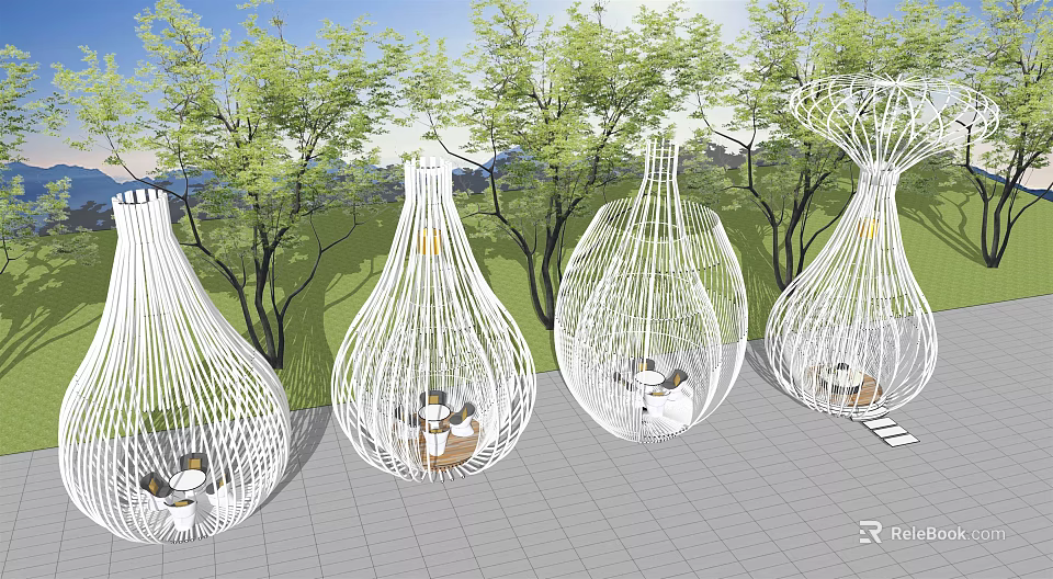 White Woven Hanging Chairs In Outdoor Patio With Green Trees And Gray Flooring 3d model 