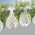 White Woven Hanging Chairs In Outdoor Patio With Green Trees And Gray Flooring
