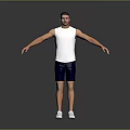 Man In White Tank Top And Blue Shorts Standing With Arms Outstretched On Gray Background