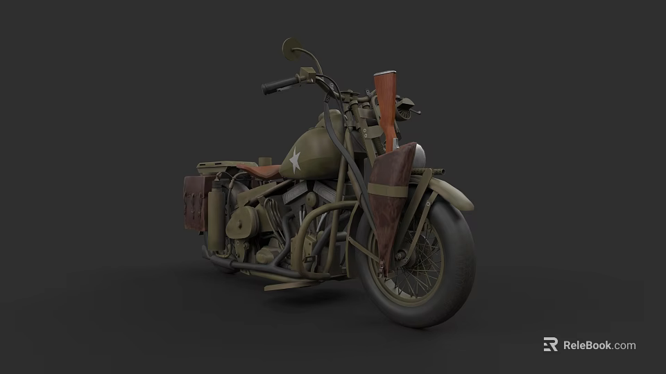 Vintage Military Green Motorcycle With Star Emblem Leather Seat And Side Saddlebag 3d model 