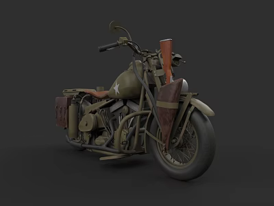 Vintage Military Green Motorcycle With Star Emblem Leather Seat And Side Saddlebag 3d model