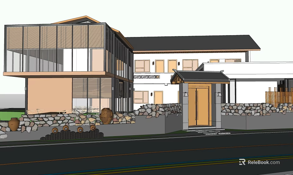 Modern Detached Villa Exterior With Large Glass Windows Sloped Roof Wooden Entrance And Stone Wall 3d model 