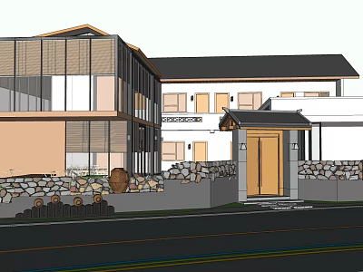 Modern Detached Villa Exterior With Large Glass Windows Sloped Roof Wooden Entrance And Stone Wall 3d model
