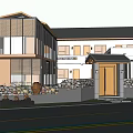 Modern Detached Villa Exterior With Large Glass Windows Sloped Roof Wooden Entrance And Stone Wall