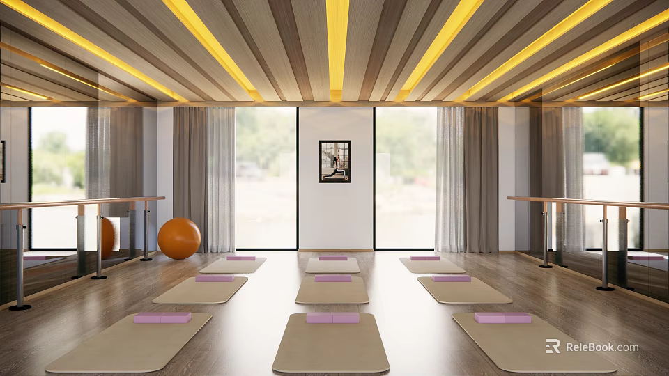 Modern Yoga Fitness Studio With Wooden Floors Yoga Mats Mirrors And Barre 3d model 