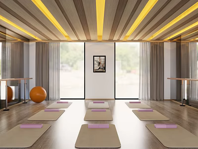 Modern Yoga Fitness Studio With Wooden Floors Yoga Mats Mirrors And Barre 3d model