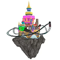 Cartoon Scene Featuring Colorful Castle With Spires And Twisting Roller Coaster Tracks On Rocky Platform