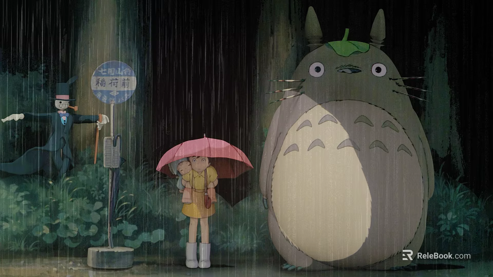 Rainy Scene with Little Girl Pink Umbrella and Giant Totoro Near Street Lamp Plants 3d model 