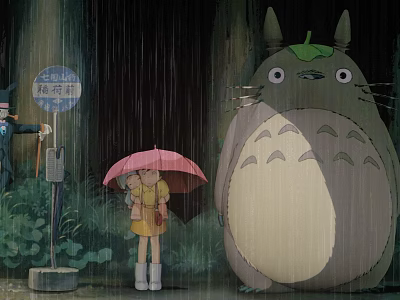 Rainy Scene with Little Girl Pink Umbrella and Giant Totoro Near Street Lamp Plants 3d model
