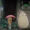 Rainy Scene with Little Girl Pink Umbrella and Giant Totoro Near Street Lamp Plants