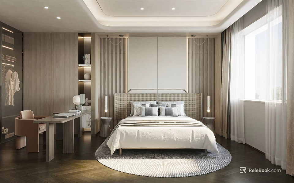 Modern Bedroom Interior With Wooden Cabinets Desk Round Rug And Recessed Lighting 3d model 
