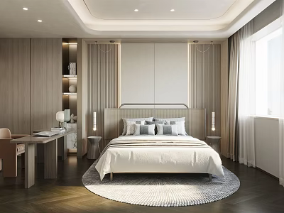 Modern Bedroom Interior With Wooden Cabinets Desk Round Rug And Recessed Lighting 3d model