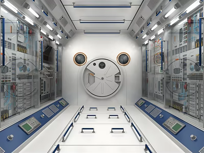 Cartoon Style Futuristic Space Capsule Interior With Control Panels Dashboards And Circular Central Device 3d model