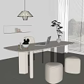 Modern White Desk with Laptop Decorative Plants Round Stools near Window Blinds under Pendant Light