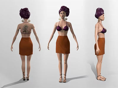 Woman In Purple Turban Bikini Top Brown Skirt Sandals With Back Tattoo Three Quarter Views 3d model