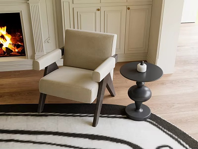 Beige Accent Chair With Black Side Table White Candle Near Fireplace On Wooden Floor 3d model