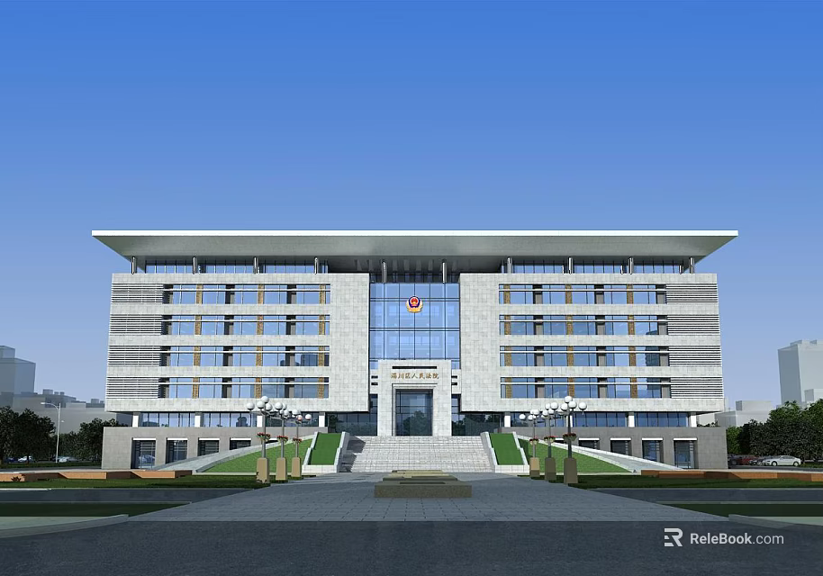 Modern Office Building Exterior With Large Glass Windows Main Entrance Stone Steps And Green Landscaping 3d model 