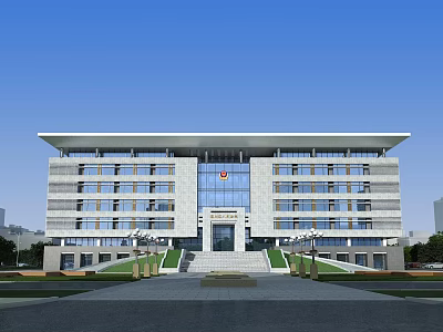 Modern Office Building Exterior With Large Glass Windows Main Entrance Stone Steps And Green Landscaping 3d model