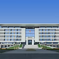 Modern Office Building Exterior With Large Glass Windows Main Entrance Stone Steps And Green Landscaping