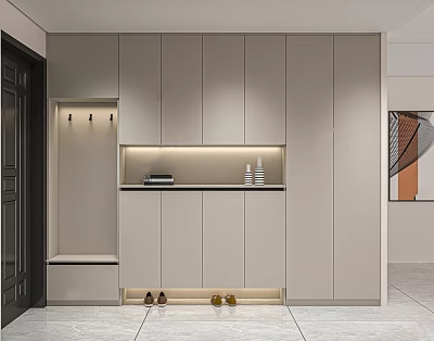 Modern Minimalist Shoe Cabinet With Lighting Open Shelf Bench And Storage Design 3d model