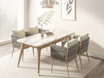 Modern Dining Table Set with Marble Top and Wicker Chairs and Potted Plant Natural Light 3d model