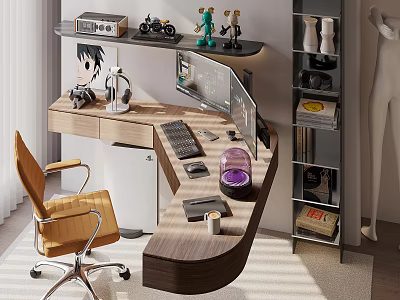 Modern Home Office Desk With Shelf Computer Monitor Yellow Office Chair And Figurines 3d model