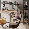Modern Home Office Desk With Shelf Computer Monitor Yellow Office Chair And Figurines