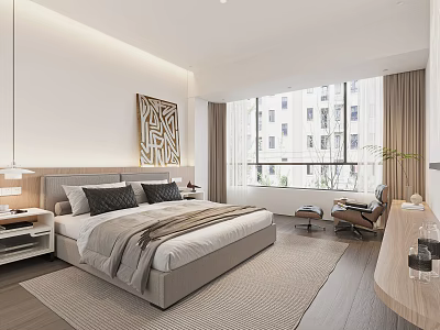 Modern Bedroom Interior With Bed Decorative Painting Window Curtains Rug And Chair 3d model