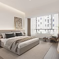 Modern Bedroom Interior With Bed Decorative Painting Window Curtains Rug And Chair