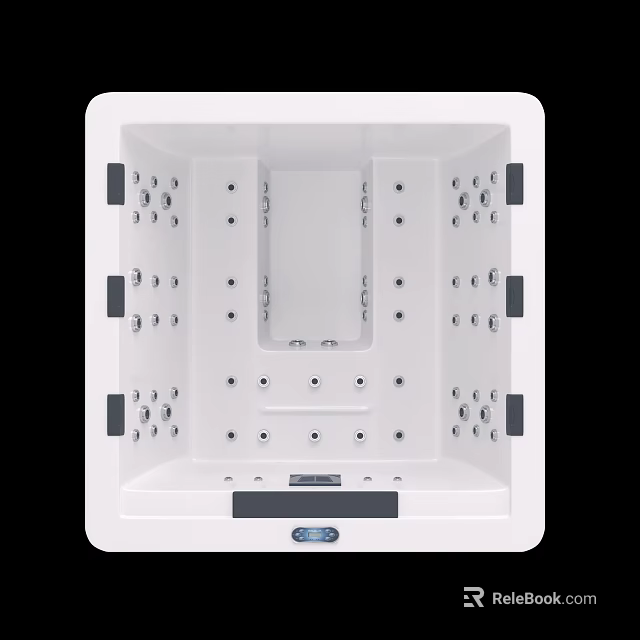 Square White Bathtub with Multiple Massage Jets and Black Accents on Bottom Control Panel 3d model 